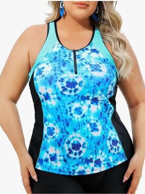 Plus Size Blue Tie-Dye Zip Front Women's Swim Tank